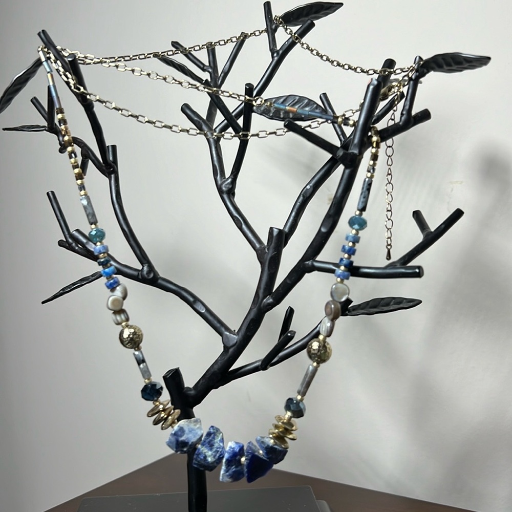 Long Bead & Genuine Stone Necklace. 40” Adjustable.